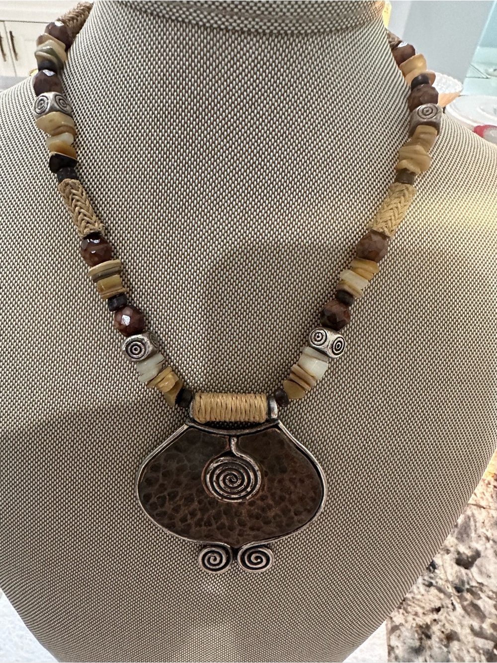 Handcrafted Boho Tribal Pendant Necklace in Brown and Tan
